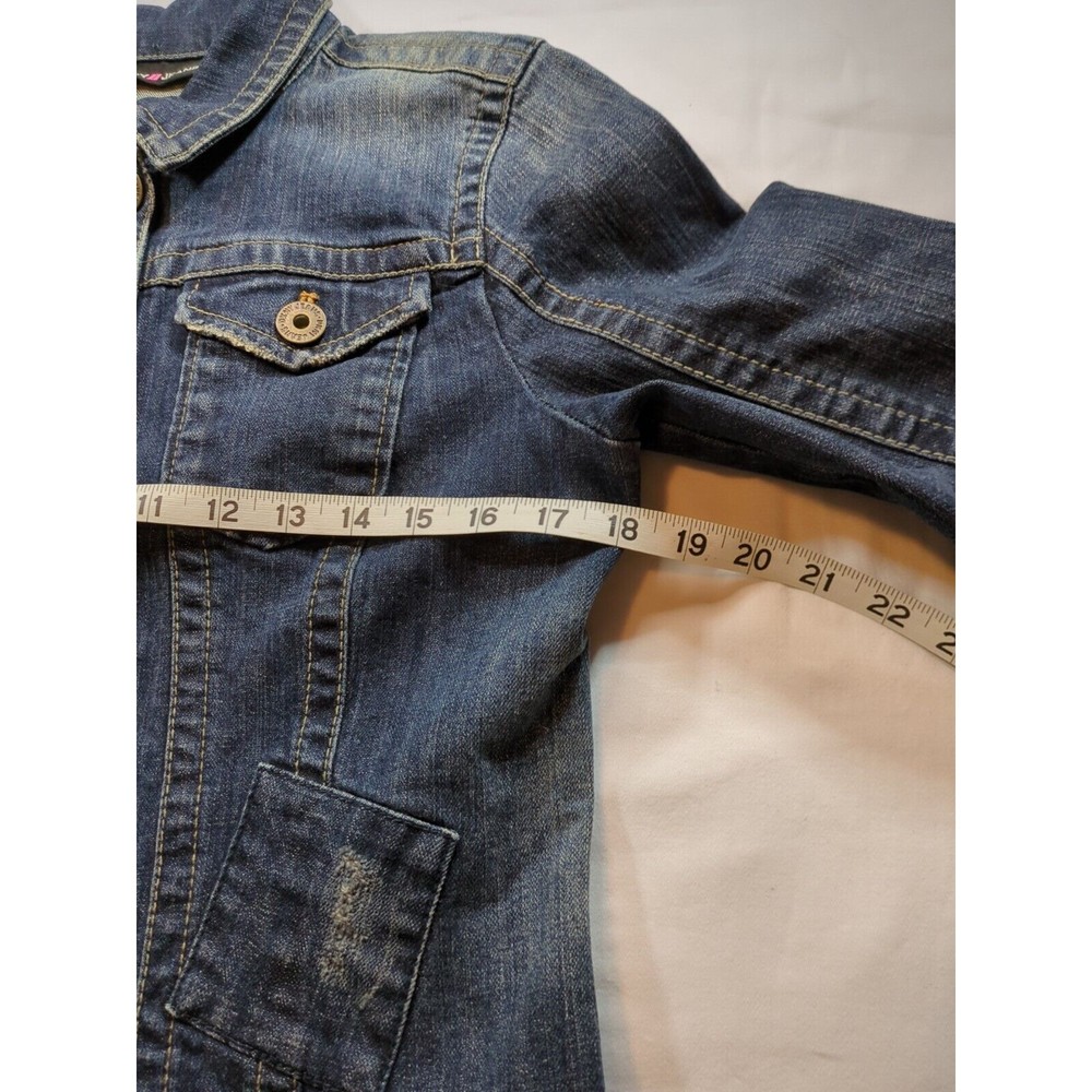 DKNY Juniors Jacket Blue Denim Collared Buttons Patches And Heart Logo Size L - Picture 7 of 16